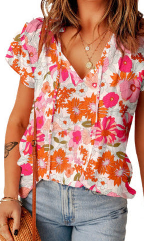 Autumn Flowers V-Neck Blouse