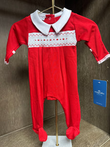 Boy's Red Sleeper with Red and White Smocking