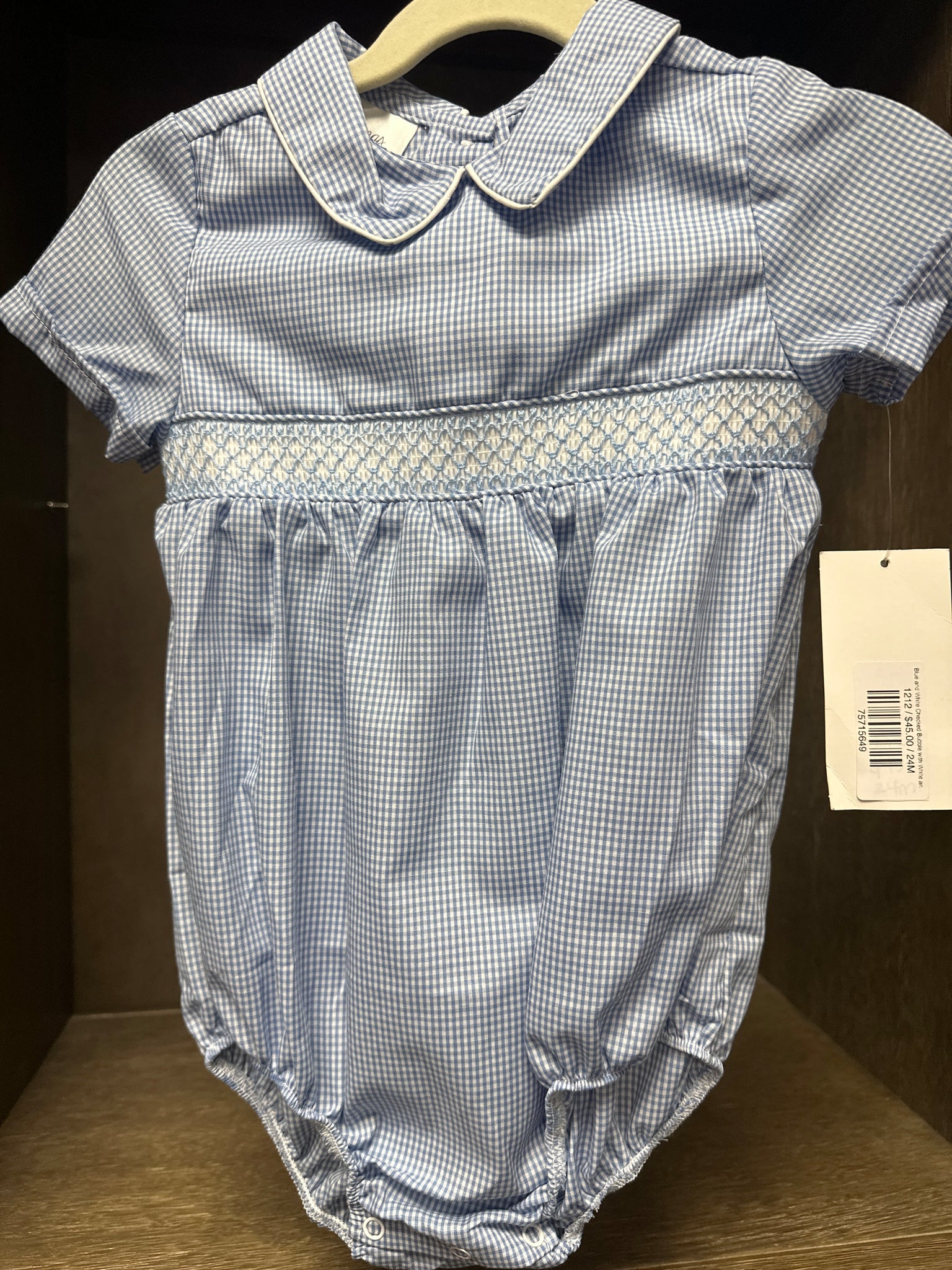 Blue and White Checked Bubble with White and Blue Smocking