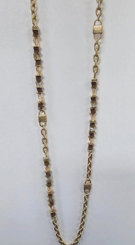 Gold Bead Necklace with Champagne Crystals and Brown Rubber Beads