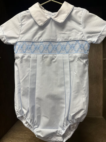 Blue and White Stripped Short Sleeve with Smocking Across Chest