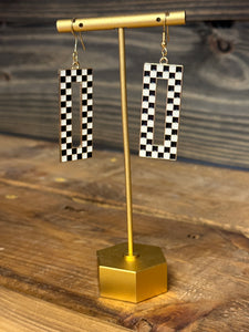 Black and White Check Rectangle Dangle Earrings w/ Gold Trim