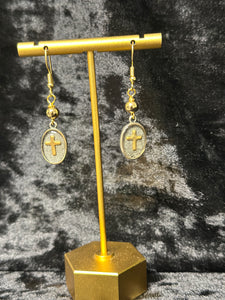 Oval Cross Charm Drop Earrings