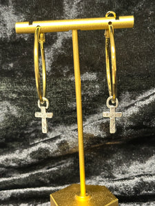 Gold Hoop Earrings with Silver Cross