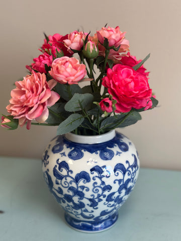 Blue and White Vase with Artificial Silk Flower