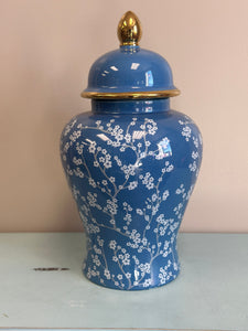 Blue Decorative Ginger Jar with Small White Flowers