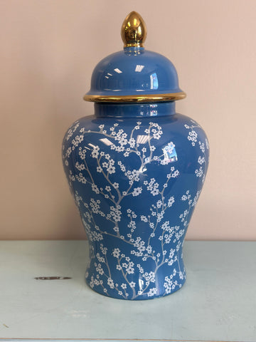 Blue Decorative Urn Vase and Lid with Small White Flowers