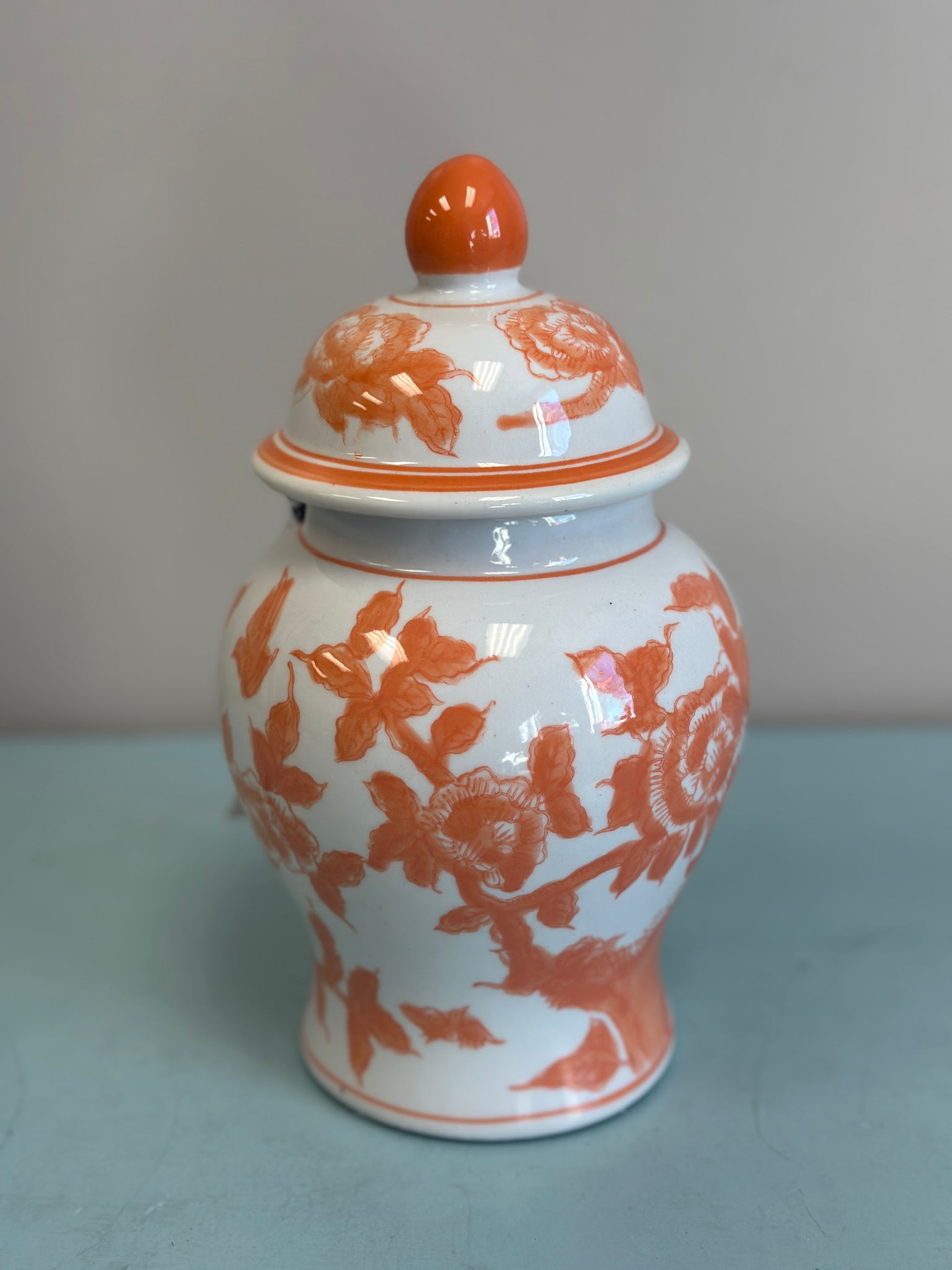 Small Orange and White Urn Vase with Lid