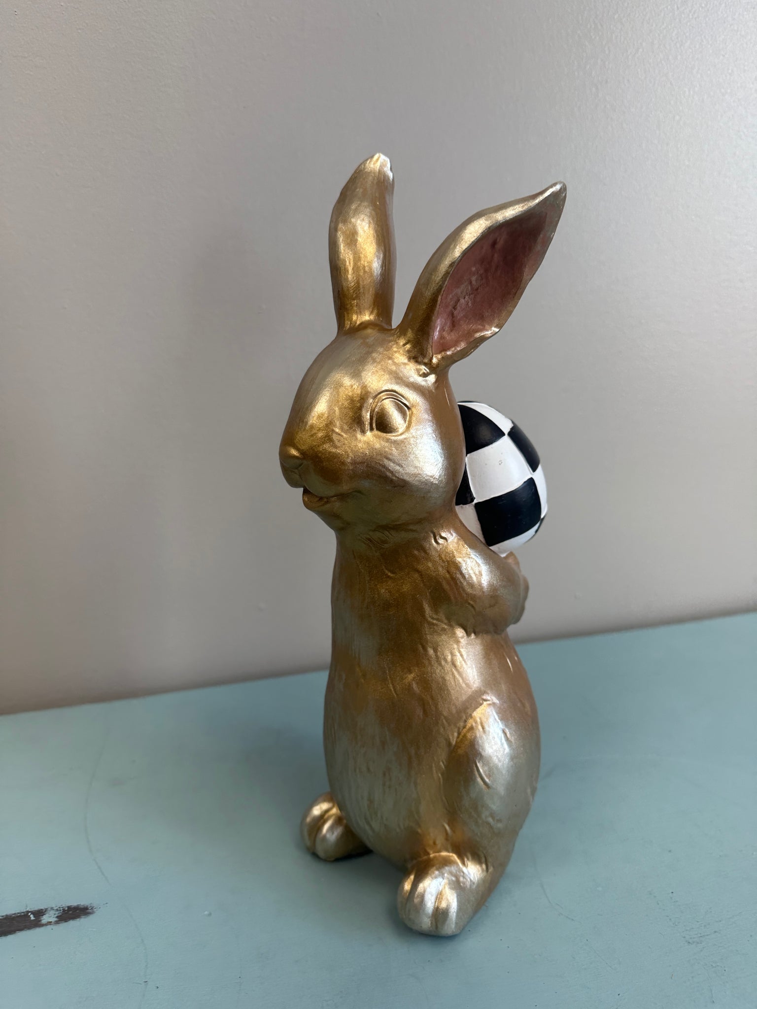 Gold Rabbit Bunny with Black and White Check Egg