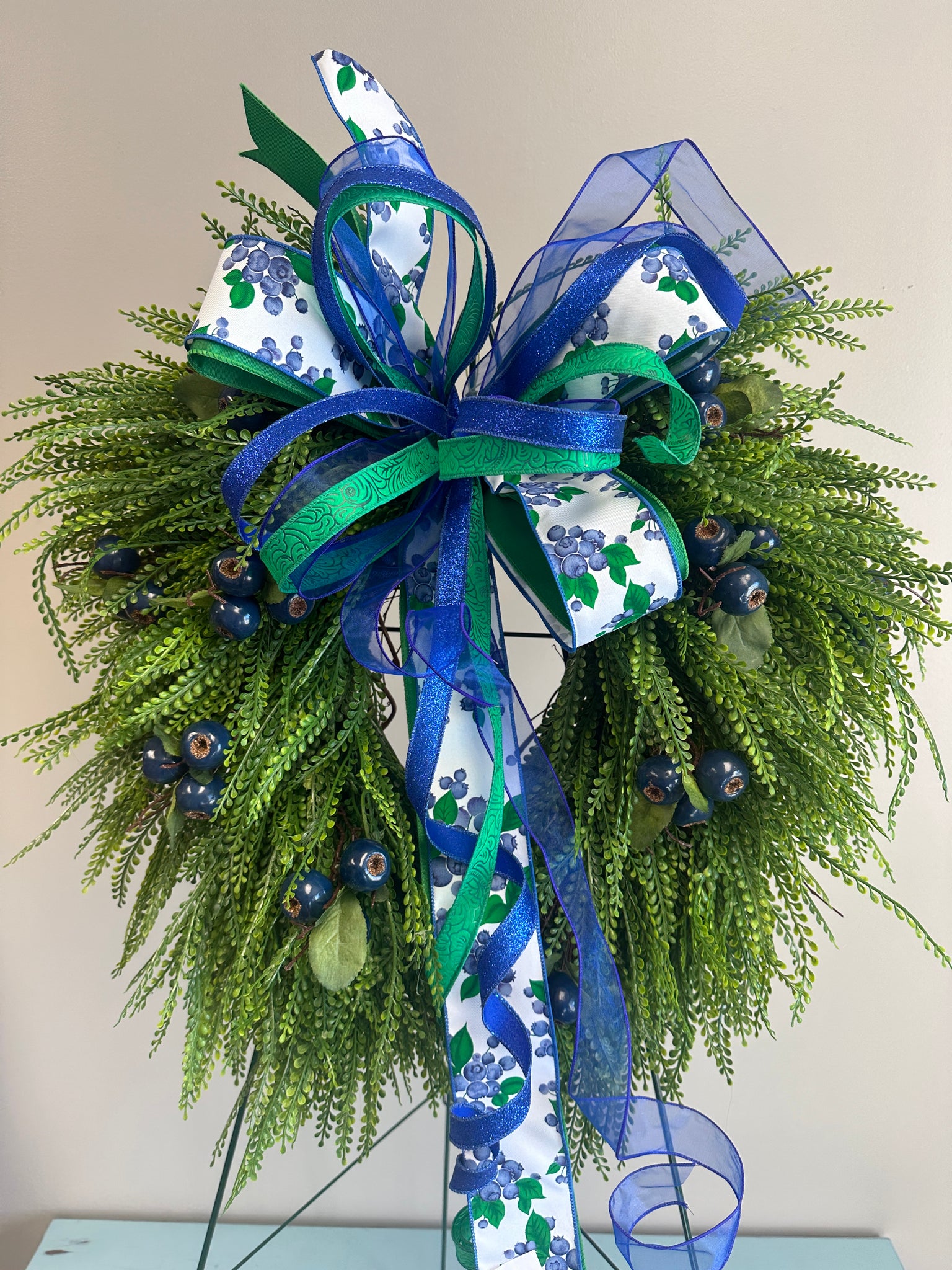 Large Blue and White Floral Wreath Bow