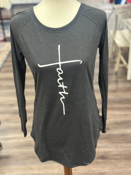 Long Sleeve "Faith" Round Neck Tee (Gray, Blue, Blush Small-2XL)