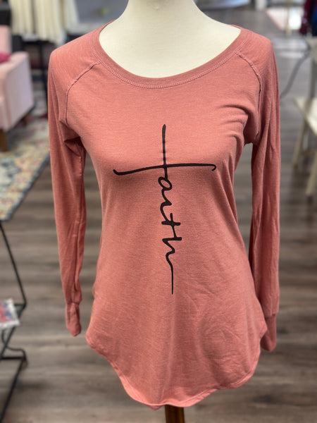 Long Sleeve "Faith" Round Neck Tee (Gray, Blue, Blush Small-2XL)