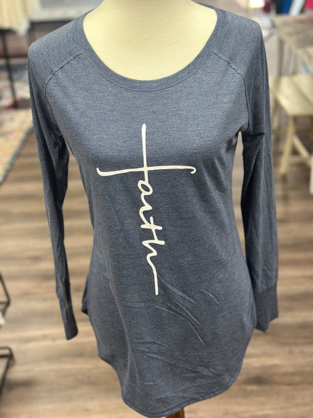 Long Sleeve "Faith" Round Neck Tee (Gray, Blue, Blush Small-2XL)