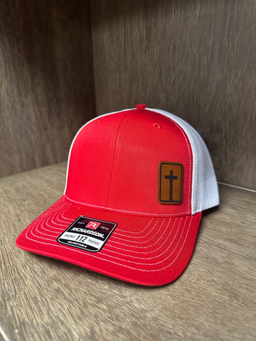 Red and White Hat with Leather Patch Cross