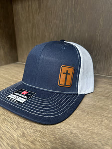 Navy and White Hat with Leather Patch Cross