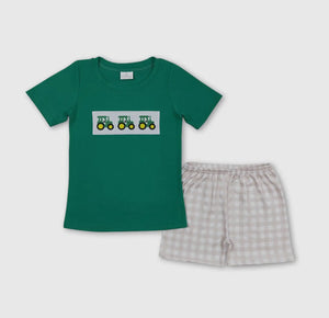 Boy's Green Tractor Shorts Set