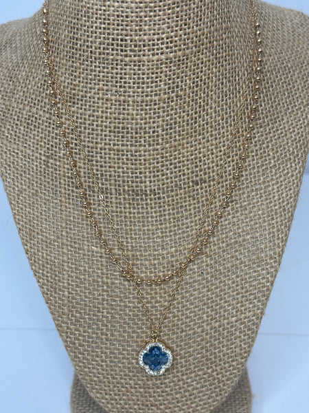 2 Layer Gold Chain Link Necklace with Pink or Blue Topaz Stone