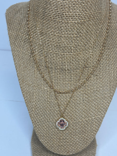 2 Layer Gold Chain Link Necklace with Pink or Blue Topaz Stone