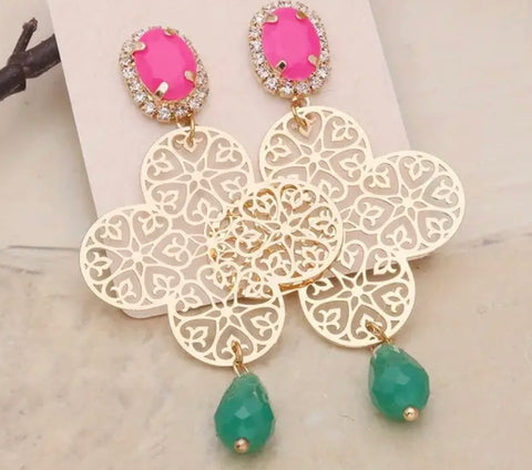 Drop Style Flower Design and Gemstone Earrings