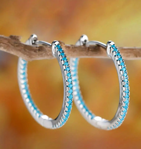 Silver and Turquoise Stone Hoop Earrings