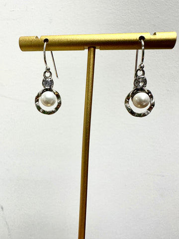 Silver Pearl and Rhinestone Dangle Earrings