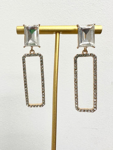 Emerald Cut Stud Earrings with Gold and Rhinestone Dangle Rectangles