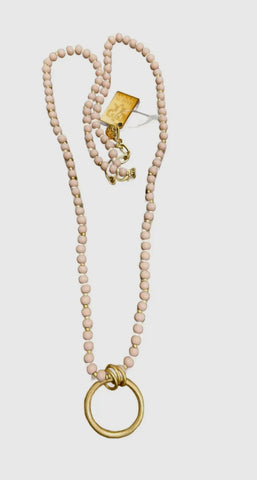 Pink Wood Bead Necklace with Gold Ring