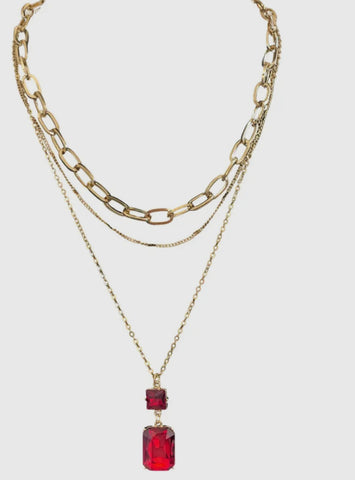 Three Strand Gold Necklace with Square and Rectangle Rhinestone Pendants