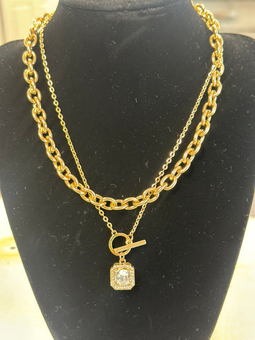 Double Strand Gold Chain Necklace with Crystal Drop