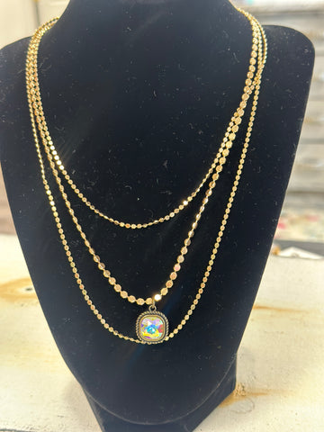 Triple Strand Gold Necklace with Crystal Drop