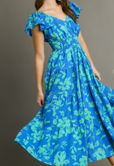 Two Toned Floral Print Sweetheart Neckline Maxi Dress