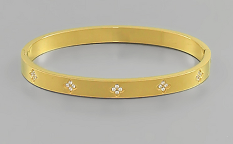 Stainless Steel Gold Quarterfoil CZ Hinge Bracelet