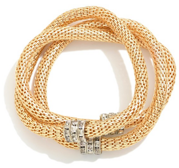 Mesh Chain Link Stretch Bracelet with Rhinestone Disc Accent