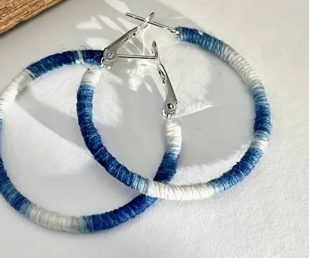 White and Blue Handcrafted Hoop Earrings