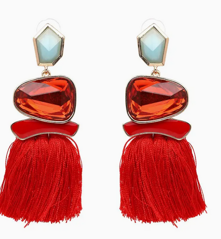 Dazzle Red Gemstone Tassel Earrings