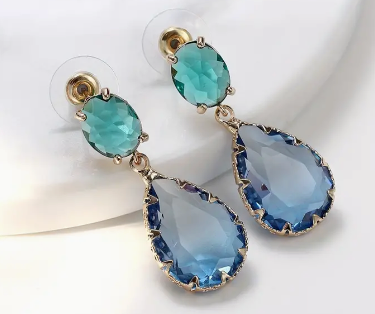 Green and Blue Crystal Waterdrop Earrings