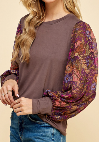 Solid Torso Blouse with Floral Sleeves