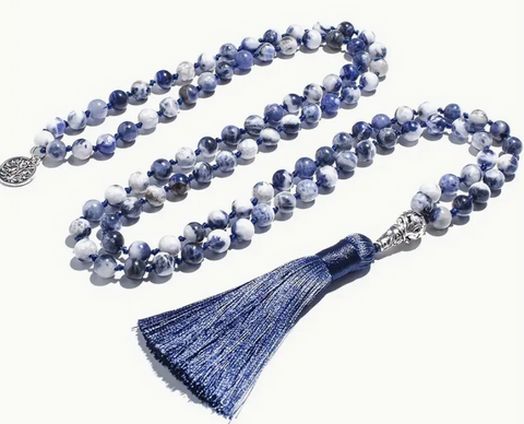 Blue and White Stone Beaded Necklace with Tassel