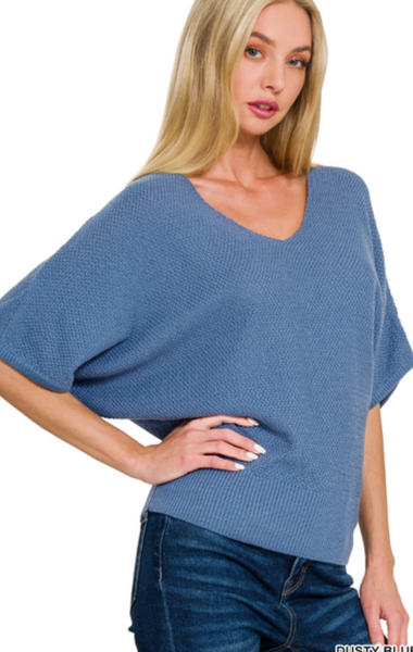 V-Neck Short Sleeve Dolman Sweater 2 Colors (S-L)