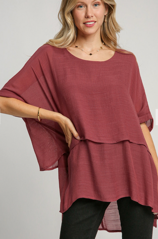 Rose Colored Short Sleeve Layered Hi Low (S-L)