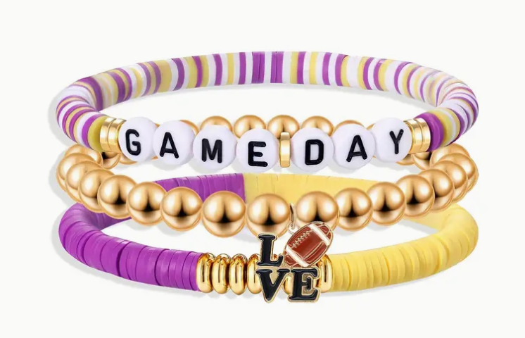 Purple and Yellow Stackable Football Bracelets