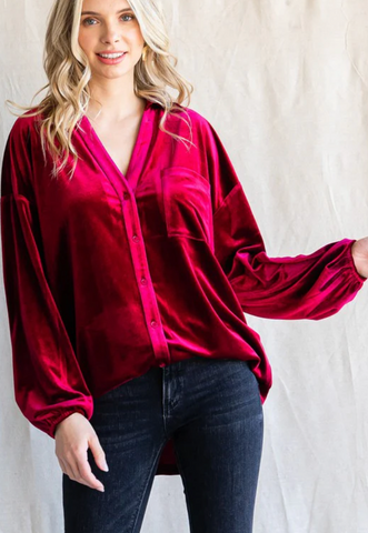 Solid Wine Color Button Down Velvet Top