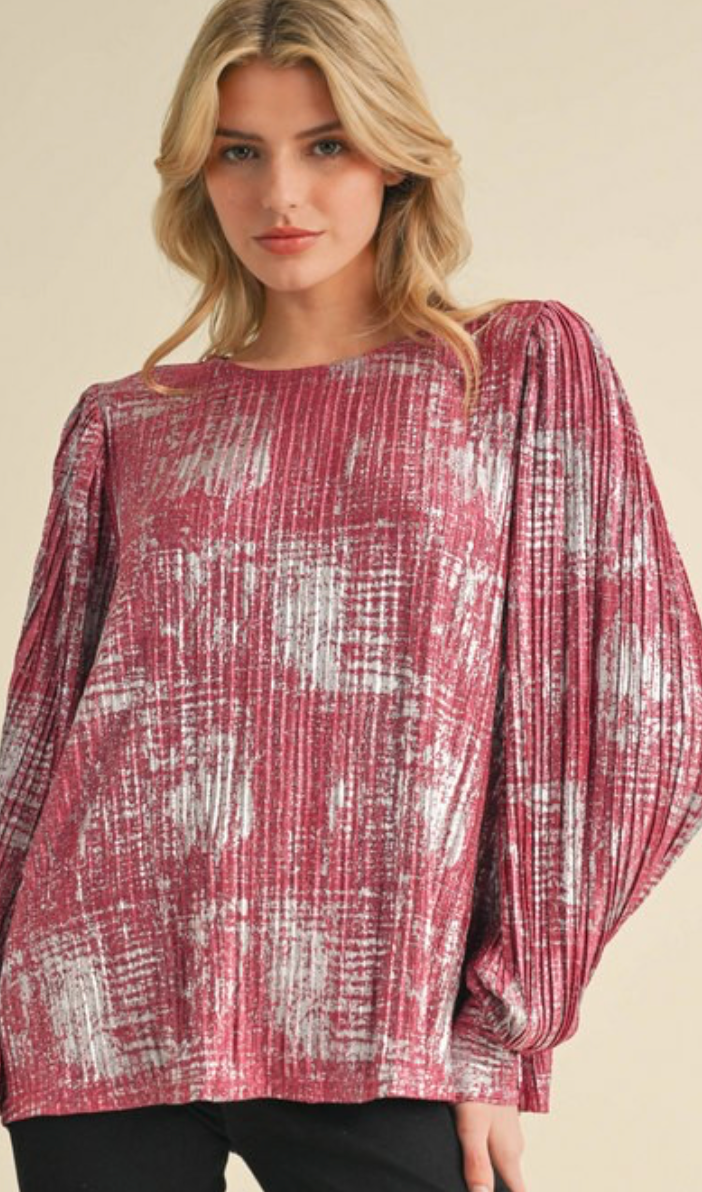 Metallic Pleated Peasant Sleeve Top (S-XL)