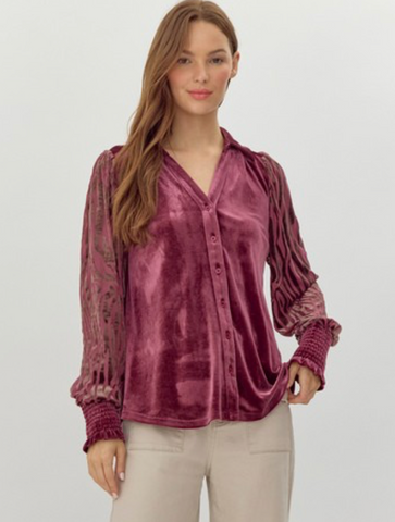 Velvet Button Down Blouse with Animal Print Sleeves