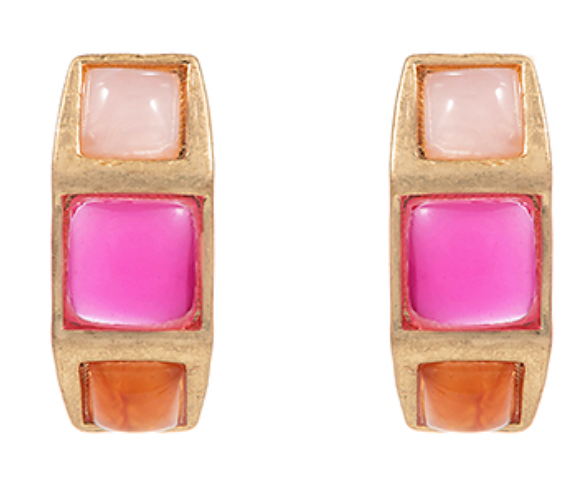 Square Pink Stone Linked Half Open Hoops