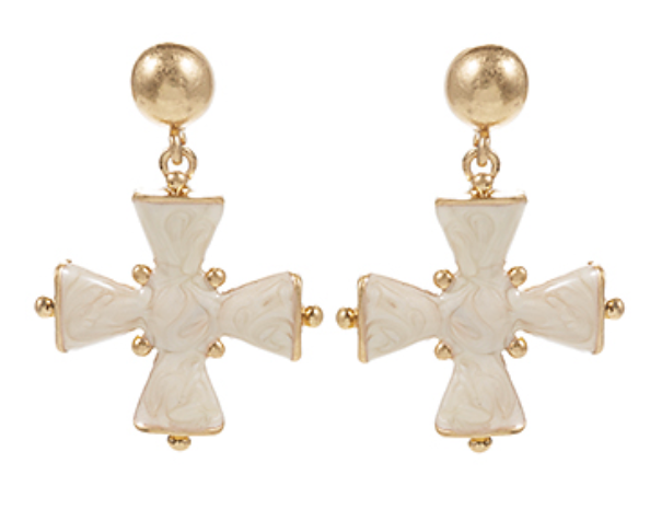 Dome and Marble Maltese Cross Brass Drop Earrings