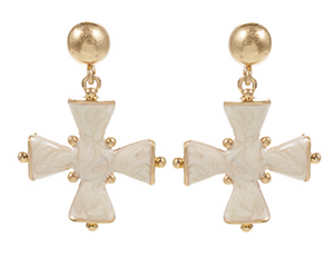 Dome and Marble Maltese Cross Brass Drop Earrings