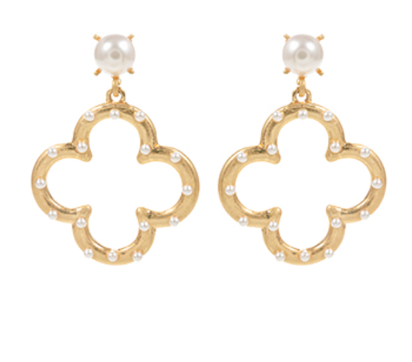 Open Gold Clover and Pearl Drop Earrings