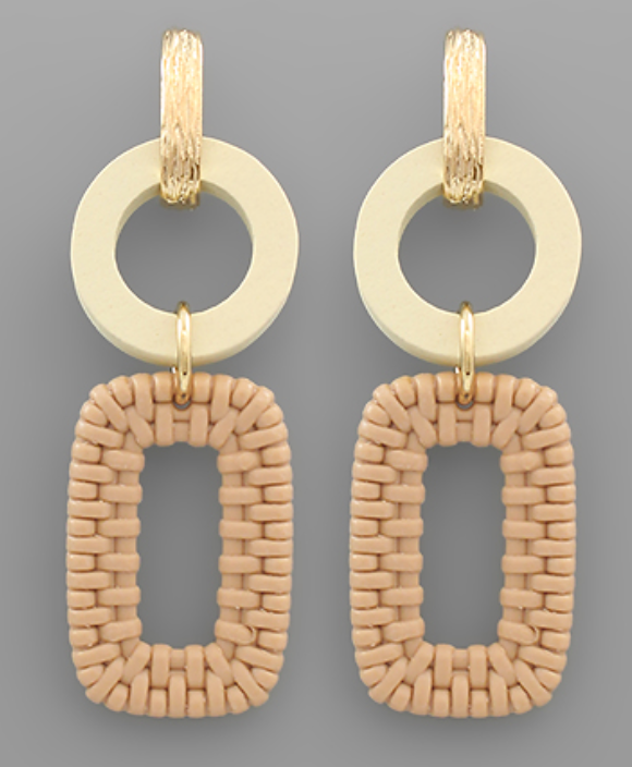 Wood Circle and Woven Rectangle Earrings