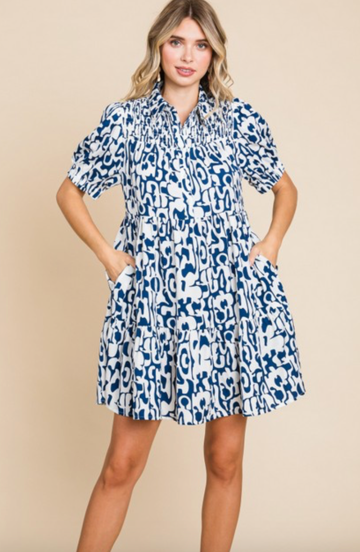 Navy Print Collar Dress with Pockets